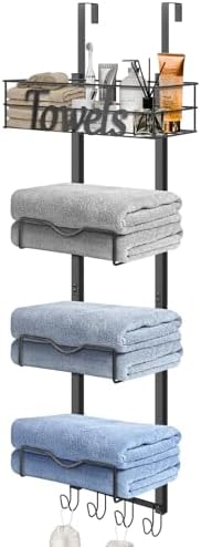 Over The Door Towel Racks, No Drill Towel Storage with Basket & Hooks, Space-Saving Multi-Functional Towel Holder for Bathrooms, bedrooms, Apartments, RVs (Matte Black, 5 Tier) by HOME