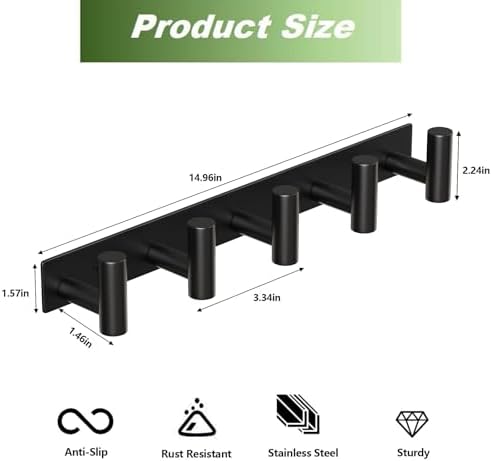 Coat Rack Wall Mounted with 5 Hooks,Heavy Duty Stainless Steel Wall Hooks for Towel Coat Bag, Hat Rack Coat Hanger Coat Hooks Towel Racks for Bathroom Entryway Kitchen Hotel (Black, 2 Packs) - Image 2