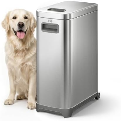 EKO 45 lb Airtight Dog Food Storage Container, Stainless Steel Pet Food Container for Kibble, Cat Food & Bird Seed, Lockable Lid, Magnetic Scoop, BPA-Free Inner Bucket, Wheels by Unknown