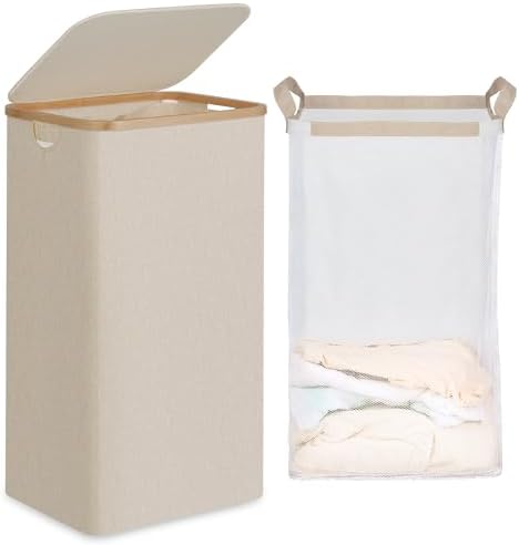 efluky Slim Laundry Hamper with Lid and Removable Bag, 100L Oat by efluky