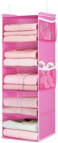 MAX Houser 5-Shelf Hanging Closet Organizer, Hanging Storage Shelves with 4 Side Pockets Space-Saving for Bedroom, Foldable (Pink) by MAXHouser