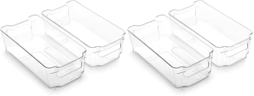 BINO | Stackable Storage Bins, Medium - 4 Pack THE STACKER COLLECTION Clear Plastic Built-In Handles BPA-Free Containers for Organizing Kitchen Pantry Multi-Use Organizer Bins by BINO