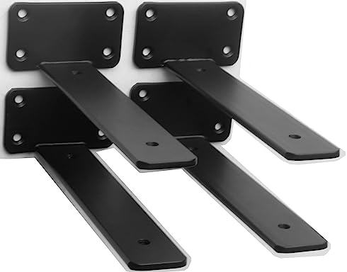 4 Pack - 8 inch Black Hidden L Shelf Bracket (1/5 Inch Thicked) Iron Floating Shelf Brackets Rustic Industrial Metal Brackets for Shelf Support by MHMYDZ