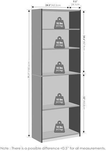 Furinno Jaya Simply Book Shelf, 5-Tier Bookshelf, Bookcase with Adjustable Shelves, 9.5 x 24.5 x 71.2, for Living Room, Bedroom, Home Office, Darkwood - Image 3