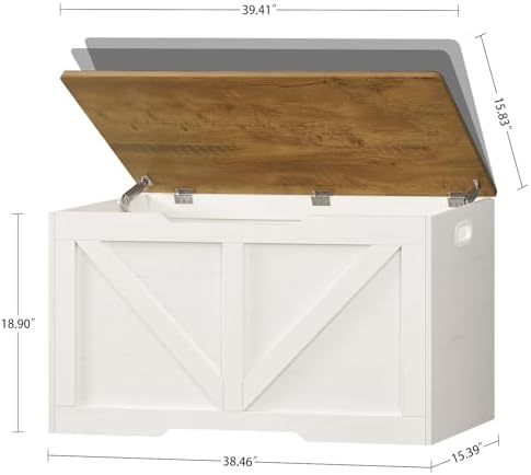 usikey 39.4" Storage Chest, Toy Box with 2 Safety Hinges, Lift Top Wooden Toy Chest, Storage Bench, for Living Room, Bedroom, Entryway, White+Honey Brown - Image 3