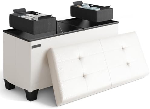 Storage Ottoman Bench Storage Bins,30-In Storage Bench for Bedroom End Bed,Folding Foot Rest Ottoman Storage for Living Room,Storage Chest Max 660lbs,Faux Leather Ottoman,White by STORAGEBUD