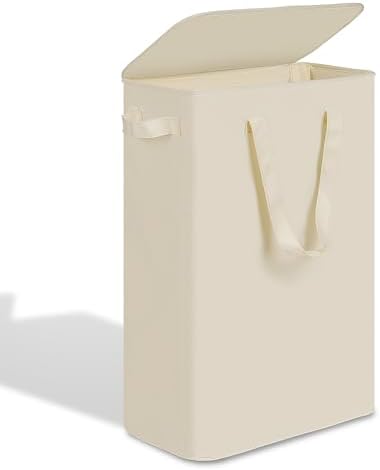 efluky Slim Laundry Basket with Lid, Narrow Laundry Hamper with Handles, Collapsible Dirty Clothes Hamper, Tall Laundry Bin for Laundry Room, Dorm and Bedroom, 55L Beige by efluky