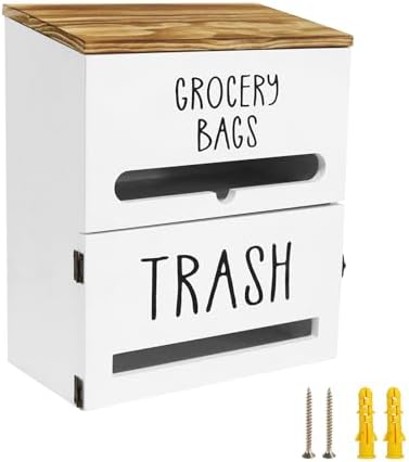 2 in 1 Trash Bag Dispenser, Double Wall Mounted,Wood Trash Bag Holder, used in kitchen, garage, laundry room, can store Environmentally friendly food bags and garbage bags (White) by Liuceny