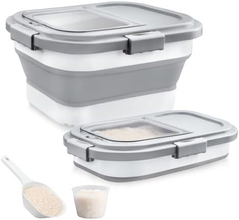 Komzon Rice Storage Container, Collapsible Airtight Food Storage Containers 6-20 Lbs, Rice Dispenser Bin with Cup and Scoop for Flour Cereal Pasta Grain, Cat Bird Pet Dog Food Storage Container by Komzon