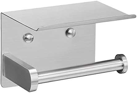 VAEHOLD Self Adhesive Toilet Paper Holder with Phone Shelf Stainless Steel Wall Mounted Toilet Paper Roll Holder - Rustproof and Bathroom Washroom Tissue Roll Holder with Storage Shelf - Silver by VAEHOLD
