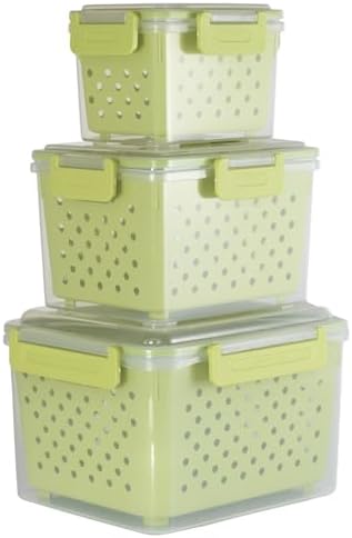 Set of 3 Fruit Storage Containers for Fridge with Removable Colander and Handle Lid, 4.6qt|2.5qt|1qt Dishwasher Microwave Safe, Keep Berry Fresh Longer (Light Green) by Unknown