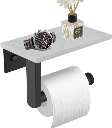 BWE Matte Black Toilet Paper Holder with Marble Shelf Wall Mounted by BWE
