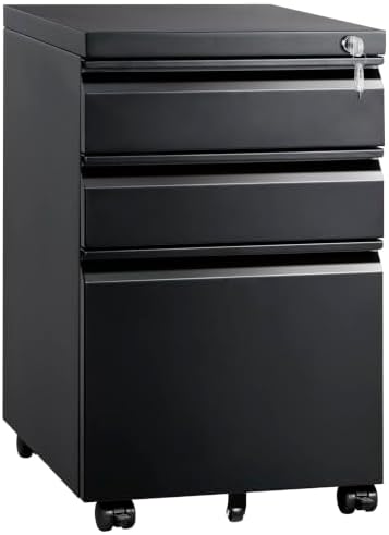Mount-It! 3 Drawer File Cabinet with Lock and Wheels, Heavy-Duty Steel Rolling Drawer Cabinet, Fully Assembled Under Desk Filing Cabinet for Home Office Storage, 15.3" W x 19.75" D x 24.5" H, Black by Mount-It