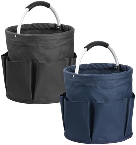 17L Bucket Tool Organizer with 6 Side Pockets, 2Pcs Collapsible Cleaning Caddy with Handle, Folding Gardening Tool Bag, Multifunctional Storage Basket for Garden, Bathroom, Black + Navy Blue by IHOMAGIC