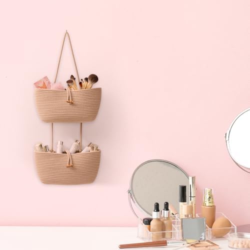 TeoKJ 3-Tier Cotton Rope Baskets with Button Strap Over the Door Wall Hanging Baskets for Nursery, Living Room, Bathroom, Door Storage Organizer for Decoration-Jute - Image 5