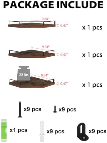 HORLIMER Set of 3 Floating Corner Shelf Wall Mount with Fence, Brown - Image 3