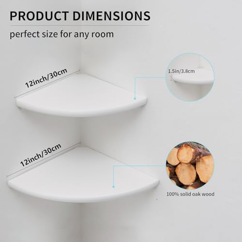Corner Shelves, White Floating Corner Shelf, Set of 2 12inch Solid Oak Wood Wall Shelves, Round End Wall Mount with Wire Hole for Small Plant for Bedroom Kitchen, Living Room - Image 5