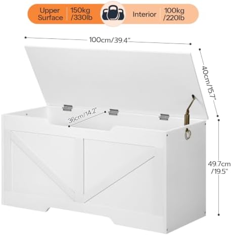 HOOBRO Storage Bench, 39.4” Retro Wooden Storage Chest with U-Shaped Cut-Out Pull, Safety Hinge, Supports 330 lb and Easy Assembly for Toy Box Organizer (White) WT771CW01G1 - Image 3