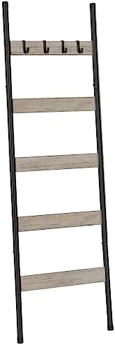 HOOBRO Blanket Ladder, 5-Tier Towel Rack with Hooks, Wall-Leaning Blanket Rack, Decorative Display Ladder Shelf, Scarves, Industrial, Living Room, Bedroom, Greige and Black BG52CJ01 by HOOBRO