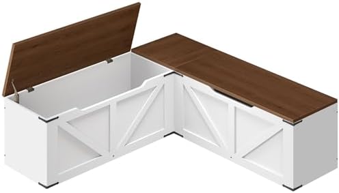 YATINEY L-Shaped Storage Bench, Storage Toy Chest with Hidden Compartments, Breakfast Nook Bench for Corner Spaces, Kitchen, Dining Room, Cloakroom, Walnut and White CW01WH by Yatiney