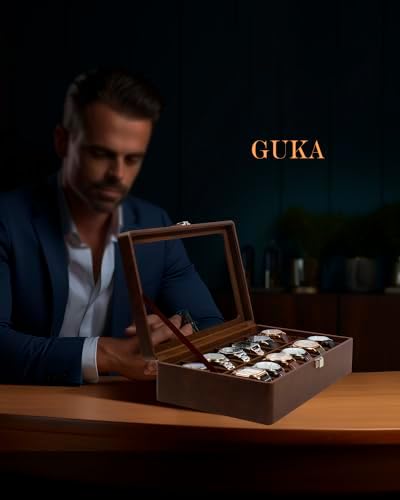 GUKA Watch Case, 12 Slot Watch Box with Large Real Glass Lid, Watch Organizer with Removable Watch Pillow, Brown Retro Synthetic Leather Watch Display, Brown - Image 6