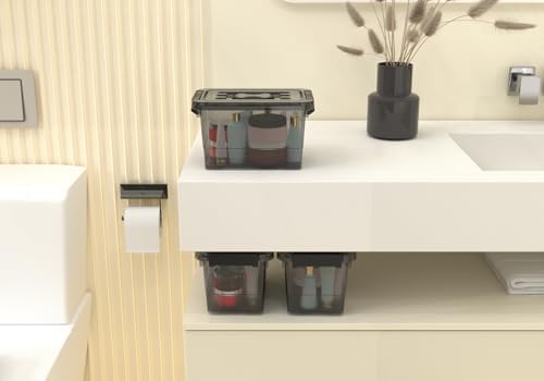 Plastic Storage Bins with Lids 5-Pack Storage Organizer, 4 Quart Stackable Storage Bins with Buckle Lids and Handle easy for Home Office Pantry Organization, Clear Black - Image 6