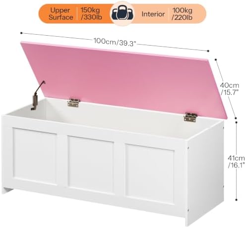 HOOBRO Storage Bench, 39.3" Retro Wooden Storage Chest, Wooden Storage Trunk, Toy Chest with Lift Top, Multifunctional Entryway Organizer, for Entryway, Living Room, White and Pink WK141CW01G1 - Image 3