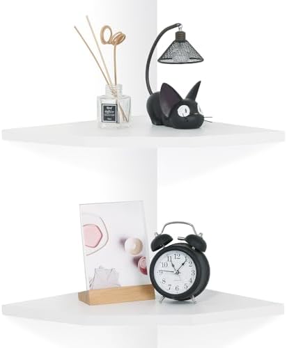 Corner Wall Shelves Set of 2, Rustic Wood Corner Floating Shelves with Cable Raceway, Wall Mount Storage Display for TV Accessories, Baby Monitor, Speaker, Cable Box (White, Diamond- 10 Inch) by DUICIRXismadeforlove%EF%BC%81
