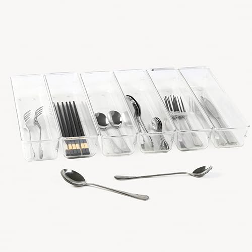 6 Set Clear Plastic Junk Drawer Organizer Vanity Curlery Utensil Makeups Organizer for Kitchen 12'' X 3'' - Image 2