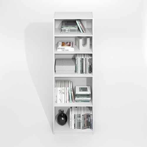 Furinno Jaya Simply Book Shelf, 5-Tier Bookshelf, Bookcase with Adjustable Shelves, 9.5 x 24.5 x 71.2, for Living Room, Bedroom, Home Office, Plain White - Image 6