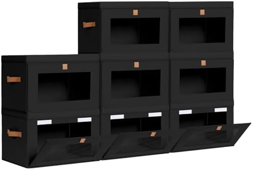 Homsorout Large Closet Storage Bins - Collapsible Clothes Organizer with Handles & Window, Decorative Boxes with Lids, Linen Closet Organizers for Living Room, Dorm, 8 Pack, Black by Homsorout
