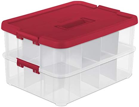 Sterilite 1427 Stack & Carry 2 Layer 24 Ornament Storage Box, Red Lid and Handle, See-through layers by Sterilite