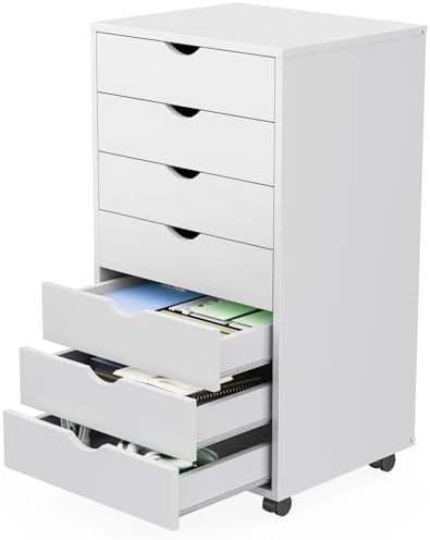 Sweetcrispy 7 Drawer Rolling Storage Cabinet, Wood Under Desk Mobile Dresser with Wheels, Small Organizer Chest for Home Office, Bedroom, Living Room, Compact Vertical Storage Furniture Unit, White by Sweetcrispy