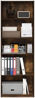 Furinno GEHRY Book Shelf, 5-Tier Bookshelf with Open Shelf, Standing Bookcase with Adjustable Shelves, 11.6 x 24.8 x 71.4, for Living Room, Bedroom, Home Office, Amber Pine - Image 6
