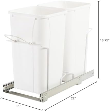 Knape & Vogt SBM12-2-27WH in-Cabinet Bottom Mount Pull Out Trash Can, 18.75" by 11" by 22", 27 Quart Bins, White - Image 4
