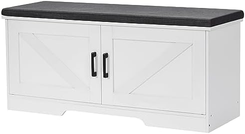 HOMSHO Farmhouse Shoe Storage Bench with 2 Barn Doors & Padded Seat Cushion by HOMSHO