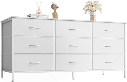 Huuger 9 Drawer Dresser, 47 Inch TV Stand for 50, 55 Inch TV, Entertainment Center with Drawers, Fabric Dresser Chest of Drawer for Bedroom, Closet, PU Leather Surface, White by Huuger