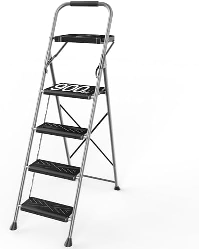 Folding Step Stool 4 Step Ladder with Tool Platform, Wide Anti-Slip Pedal and Anti-Slip Feet, Sturdiest Steel Construction, 900lbs Capacity Steel Ladder, Installation Free, Grey by DIAMONDFORGE