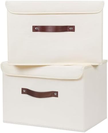 ANMINY Fabric Storage Box Bins with Lids, Beige, 15"x10"x10", 2 Pack by ANMINY