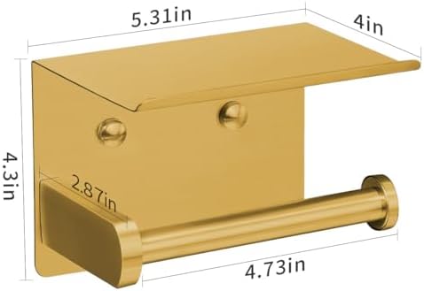 VAEHOLD Self Adhesive Toilet Paper Holder with Phone Shelf Stainless Steel Wall Mounted Toilet Paper Roll Holder - Rustproof and Bathroom Washroom Tissue Roll Holder with Storage Shelf - Gold - Image 6