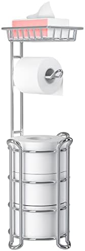 Toilet Paper Holder Stand with Shelf for Phone, Bathroom Free Standing Tissue Roll Storage Rack with Dispenser for 4 Mega Rolls, Chrome by KeFanta
