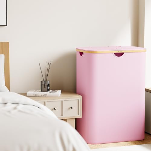 SpaceAid Double Laundry Hamper 2 Section with Lid and Removable Laundry Bags, 160L Clothes Basket with Bamboo Handles, Large Collapsible Hamper for Bedroom, Bathroom, Dorm, Laundry Room - Pink - Image 6