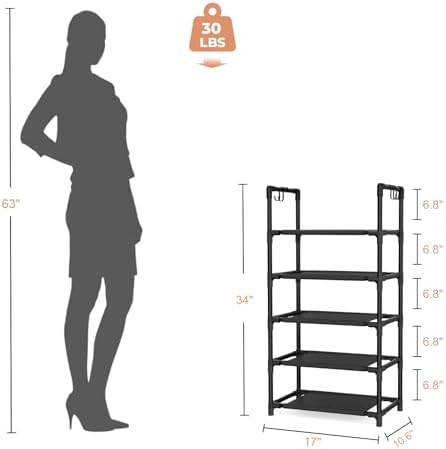 LANTEFUL 5 Tiers Shoe Rack 12-15 Pairs Boots Organizer Storage Sturdy Narrow Shoe Shelf for Entryway, Closets with Hooks, Black - Image 3