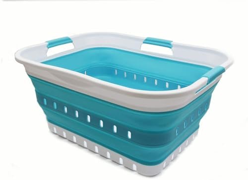 SAMMART 42L Collapsible Plastic Laundry Basket - Foldable Pop Up Storage Container/Organizer - Space Saving Hamper/Basket (1, White/Bright Blue) - Image 3
