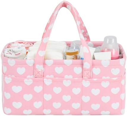 Diaper Caddy Organizer for Baby Girl-Nursery Storage Bin-Portable Car Organizer for Diapers and Baby Wipes- Baby Shower Registry Basket Newborn Must Have Tote Caddy Bag（Pink Heart） by QiANBiRD