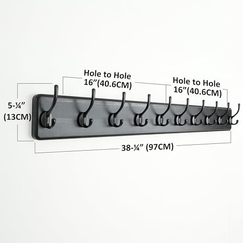 Dseap Coat Rack Wall: 38-1/4" Long, Patented, Heavy-Duty, 10-Double-Hooks Wooden Wall Mounted Coat Rack Coat Hanger Hook Rail for Winter Coats Hat Jacket Clothing, Black - Image 6