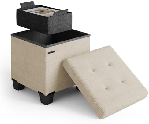 Storage Ottoman Cube with Small Bin, 15-in Square Ottoman with Storage for Living Room and Bedroom, Small Ottomans Foot Rest, Fabric Foot Stools Ottomans Max 330lbs, Beige by STORAGEBUD