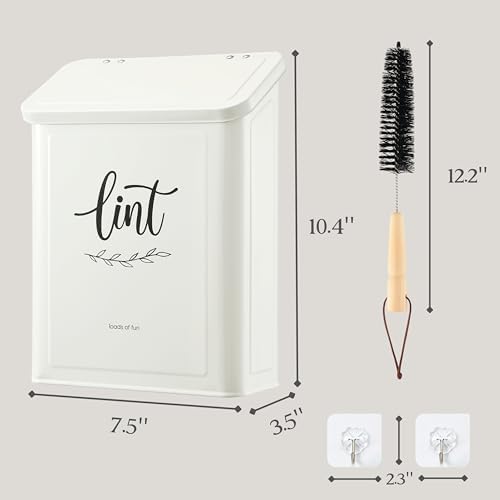 Perfnique Magnetic Lint Bin for Laundry Room with Lint Brush, Wall Mounted Lint Holder Trash can with lid for Dryer, Modern Farmhouse Rustic Metal Laundry Room Storage Organization and Decor(White) - Image 3