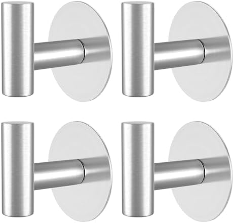 Heavy Duty Self-Adhesive Coat Hooks, Stainless Steel Towel Hooks for Bags, Towels, Robes, Hats, Aprons – No Drill Bathroom, Kitchen, Hotel Wall Hooks (Silver, 4 Pack) by VINHOLD