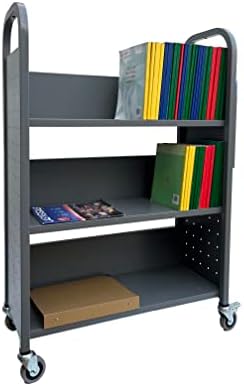 Workington Rolling Book Truck Book Cart with 3 Flat Shelves, Library Book Cart with Swivel Lockable Casters 3001 Gray - Image 3